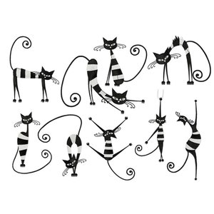 Puede incluir: Una ilustración caprichosa con diez gatos negros estilizados con rayas blancas. Los gatos están en varias poses, algunos de pie, estirándose o saltando, con colas rizadas y bigotes. El diseño está sobre un fondo blanco.