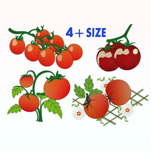Pode incluir: Quatro desenhos de bordado de tomates vermelhos em videiras verdes com folhas. Os desenhos incluem um cacho de tomates, um único tomate em uma videira, dois tomates em uma videira e dois tomates em uma treliça com flores brancas.