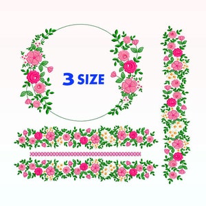 May include: A set of three floral embroidery designs featuring pink flowers and green leaves. The designs include a circle, a vertical line, and a horizontal line. The text "3 SIZE" is included in the image.