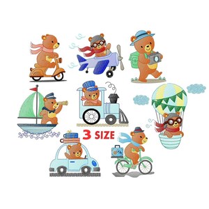 May include: A set of 8 embroidery designs featuring brown bears in various modes of transportation. The bears are wearing hats and sunglasses and are driving a car, a train, a plane, a hot air balloon, a scooter, and a sailboat. The designs are perfect for creating personalized gifts or adding a touch of whimsy to your home decor.