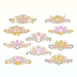 Könnte beinhalten: Ein Set aus zehn floralen Stickmustern mit verschiedenen Arrangements aus rosa, gelben und weißen Blumen mit goldenen und grauen Akzenten.