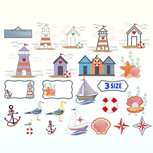 Op de afbeelding: Een set van 12 borduurmotieven met nautische en strandthema's. De ontwerpen omvatten vuurtorens, strandhuisjes, schelpen, ankers, zeilboten, meeuwen en zeesterren. De ontwerpen zijn verkrijgbaar in drie maten. 3 SIZE
