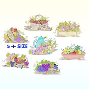 May include: Six embroidery designs featuring various fruit and flower arrangements in baskets and bowls. The designs include strawberries, grapes, watermelon, roses, and pineapples.