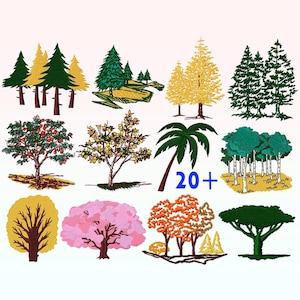 Peut inclure: Une collection de 12 motifs de broderie représentant différents arbres, dont des palmiers, des pins et des arbres à feuilles caduques. Les motifs sont parfaits pour ajouter une touche de nature à vos projets.