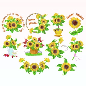 Könnte beinhalten: Eine Sammlung gestickter Sonnenblumen-Designs in verschiedenen Anordnungen. Die Designs umfassen Sonnenblumen in Vasen, Töpfen und Sträußen, mit dem Text "Sunny Wishes" und "wishes for a day filled with fun". Die Sonnenblumen sind gelb mit braunen Zentren und grünen Blättern.