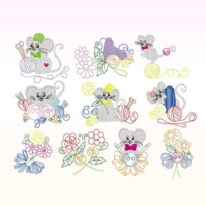 Sewing Mice embroidery design bundle - Sketch Stitch Flower embroidery designs machine embroidery pattern - Rat embroidery file - Mouse pes