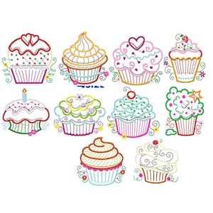 Può includere: Un set di nove disegni di ricamo di cupcake colorati. Ogni cupcake ha un design diverso, tra cui cuori, codette e fiori. I cupcake sono tutti bianchi con glassa e decorazioni di diversi colori.