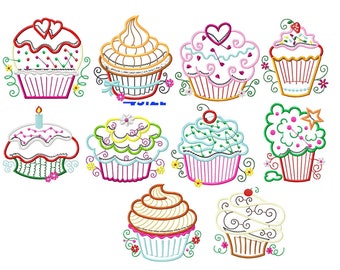 Op de afbeelding: Een set van negen kleurrijke cupcake-borduurmotieven. Elke cupcake heeft een ander ontwerp, waaronder harten, sprankelingen en bloemen. De cupcakes zijn allemaal wit met verschillende gekleurde frosting en decoraties.