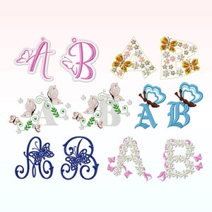 diseños de bordado de insectos sobre alfabeto - Diseños de bordado de fuente de mariposa Patrón de bordado a máquina-bordado letras florales