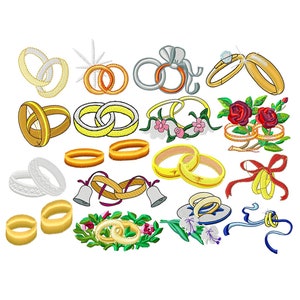 Op de afbeelding: Een verzameling van 16 borduurmotieven met verschillende stijlen trouwringen, waaronder traditionele gouden ringen, in elkaar verweven ringen en ringen met bloemmotieven.