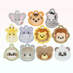 Pode incluir: Conjunto de 10 desenhos de cabeça de animais bordados, incluindo uma girafa, uma zebra, um leão, um macaco, um panda, um rinoceronte, um preguiça, um hipopótamo, um elefante e um tigre. Cada desenho é em estilo de desenho animado com cores brilhantes e detalhes simples.