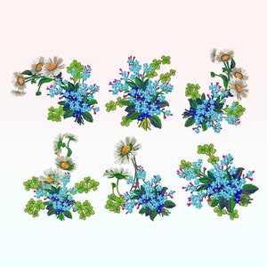 May include: A set of six floral bouquets featuring blue forget-me-nots and white daisies. The bouquets are arranged in a symmetrical pattern on a white background.