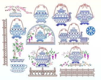 Floral Kitchen Set embroidery design bundle - Kettle embroidery designs machine embroidery pattern - Tea pot embroidery file- Cup embroidery
