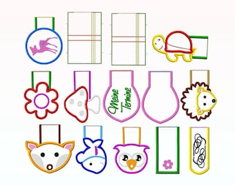 以下が含まれることがあります： 様々な動物、花、幾何学模様を特徴とする、12種類のカラフルな刺繍入りしおりデザインのセット。デザインには、鹿、亀、ハリネズミ、キツネ、魚、フクロウ、花、キノコ、ハート、渦巻き、そして2つの空白のデザインが含まれています。