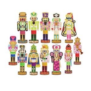 May include: A set of 12 colorful nutcracker figurines. The nutcrackers are all different designs and have a variety of colors, including red, green, blue, yellow, and pink. They are all standing on a white background.