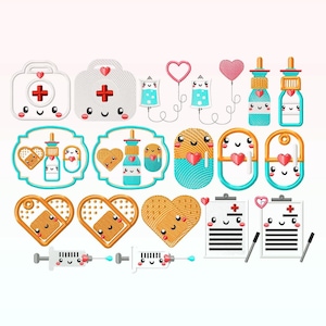 Puede incluir: Un conjunto de 14 diseños de bordado de dibujos animados lindos con temática médica. Los diseños incluyen un botiquín de primeros auxilios, vendas, píldoras, una jeringa, un termómetro y un portapapeles de médico.