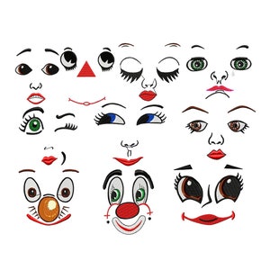 Könnte beinhalten: Ein Set mit 13 verschiedenen gestickten Gesichtsausdrücken, darunter Augen, Nasen, Münder und Augenbrauen. Die Ausdrücke reichen von fröhlich bis traurig, von überrascht bis wütend und alles dazwischen.
