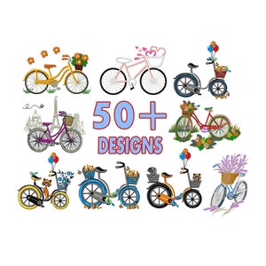 May include: A collection of 50+ embroidery designs featuring various styles of bicycles with baskets, flowers, and other decorative elements. The designs are perfect for creating unique and personalized projects.
