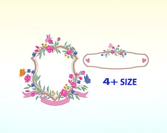flower shield frame embroidery design bundle - Beautiful crest embroidery designs machine embroidery pattern - name plate embroidery file