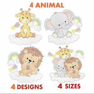 Pacchetto di 4 ricami Safari - ricami di animali del bosco, motivo di ricamo a macchina - file di ricamo giraffa - piedi di elefante