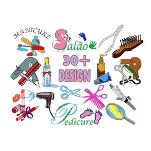 Puede incluir: Una ilustración colorida de varias herramientas de salón de belleza y peluquería, incluyendo tijeras, peines, secadores de pelo, cortaúñas y una botella de esmalte de uñas. El texto "Manicure", "Salão", "30+ Design" y "Pedicure" también está incluido en la imagen.
