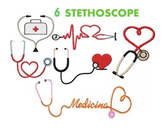 May include: A digital embroidery design featuring six different variations of a stethoscope, a heart, and the word "Medicina" in a cursive font. The design is perfect for medical professionals or anyone who wants to show their love for healthcare.