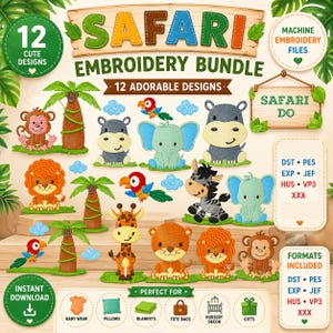 Könnte beinhalten: Ein digitales Stickerei-Set mit 12 Safari-Tiermotiven, darunter ein Affe, Löwe, Elefant, Nilpferd, Giraffe, Zebra und Papagei. Das Bild enthält den Text Safari Embroidery Bundle, 12 Adorable Designs und Safari Do.