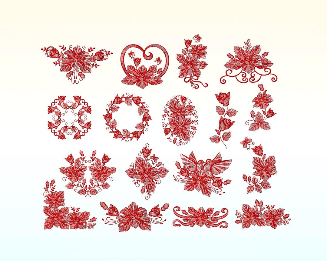 Red Flower Wreath Embroidery Design Bundle - Red Rose Embroidery ...