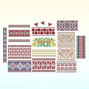 Puede incluir: Una colección de 12 patrones bordados con diseños florales, geométricos y abstractos en rojo, azul, verde y blanco.