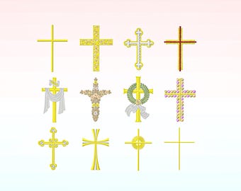 May include: A set of 12 gold crosses with various designs, including floral, wreath, and beaded accents. Some crosses have a white ribbon or a banner with text.