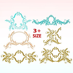 Pode incluir: Conjunto de seis desenhos de molduras florais decorativas nas cores azul, dourado e pêssego. As molduras são de diferentes formas e tamanhos. O texto "3+ SIZE" está incluído na imagem.