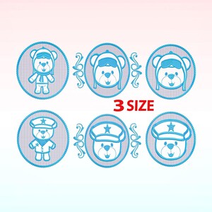 May include: Six blue and white embroidered designs of teddy bears wearing different hats. The text "3 SIZE" is in red letters below the designs.