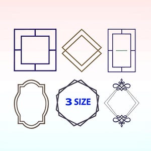 Peut inclure: Ensemble de six motifs de cadres différents en noir, gris et or. Les cadres sont de formes variées, notamment carrées, en forme de diamant et rectangulaires arrondies. Le texte "3 SIZE" est en bleu.