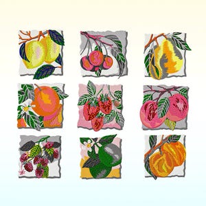 Könnte beinhalten: Neun bunte Quadrate mit gestickten Bildern von Obst und Beeren. Jedes Quadrat zeigt eine andere Obstsorte, darunter Birnen, Äpfel, Kirschen, Erdbeeren, Himbeeren und Limetten.