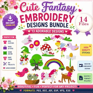Könnte beinhalten: Ein digitales Stickdesign-Bundle mit dem Text "Cute Fantasy Embroidery Designs Bundle". Das Bild zeigt 13 bezaubernde Designs, darunter eine Fee, ein Pilz, ein Regenbogen und ein Einhorn. Das Bundle ist perfekt für Kinderkleidung, Taschen, Heimdekoration und DIY-Projekte.