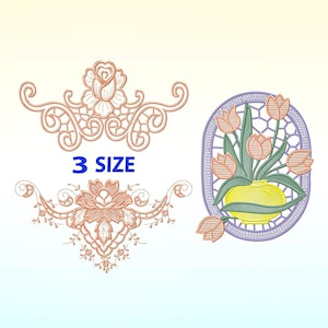 Peut inclure: Deux motifs de broderie floraux. Le premier motif est un motif floral délicat avec une rose au centre. Le deuxième motif représente un bouquet de tulipes dans un vase, entouré d'un cadre décoratif.