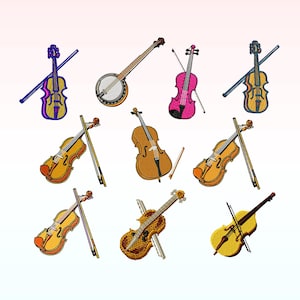 Pode incluir: Uma coleção de nove instrumentos musicais, incluindo um banjo, um violoncelo e vários violinos. Os instrumentos são todos de cores e estilos diferentes, e estão dispostos em um padrão aleatório.