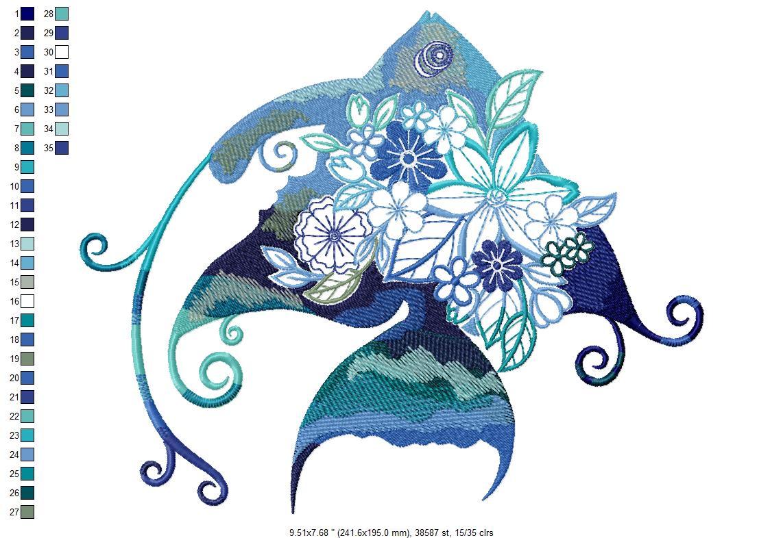 Fish Embroidered File Floral Fish Embroidery Design Bundle - Ocean Flowers Embroidery Designs ...