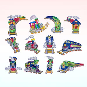 May include: A set of 10 colorful cartoon train engine embroidery designs. The designs feature various styles of trains with smiling faces, wheels, and smoke stacks. The trains are on tracks and some have a passenger car.