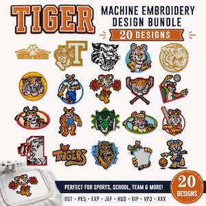 Könnte beinhalten: Ein Stickdesign-Bundle mit 20 Tiger-Designs. Die Designs umfassen Tigergesichter, Maskottchen und Logos, ideal für Sportteams und Schulkleidung. Die Designs sind in verschiedenen Stilen und Farben gehalten, mit dem Wort "TIGER" oben.