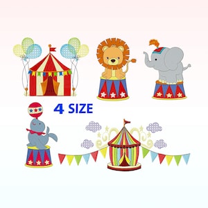 May include: Four colorful circus animal embroidery designs. A lion, elephant, seal, and a tent with flags. The text "4 SIZE" is in the center of the image.