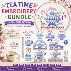 Vintage Kitchen Decorate Embroidery Design Bundle - Floral Tea Pot Machine Embroidery Designs - Tea Cup Embroidery Files - Digital Download