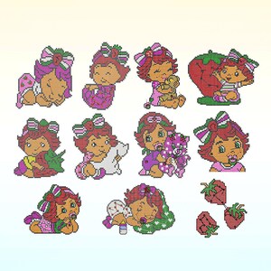 May include: A set of 10 embroidered patches featuring a strawberry character in various poses. The patches are pink, red, and green with white accents. The character is wearing a dress and has a strawberry on her head.