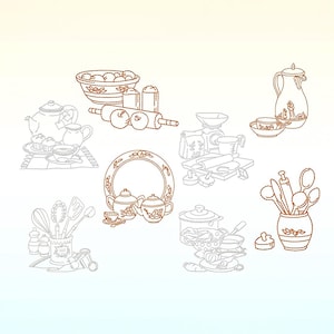 Puede incluir: Una ilustración de varios artículos de cocina, incluyendo teteras, cuencos, un rodillo y utensilios. La imagen presenta un estilo de línea punteada marrón claro, creando una estética vintage. Los artículos están dispuestos sobre un fondo degradado.