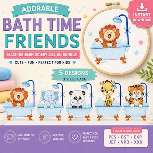 May include: Machine embroidery design bundle featuring the text "ADORABLE BATH TIME FRIENDS". The design includes five different animal characters in bathtubs, with the text "CUTE • FUN • PERFECT FOR KIDS". The image also includes the text "5 DESIGNS 3 SIZES EACH".
