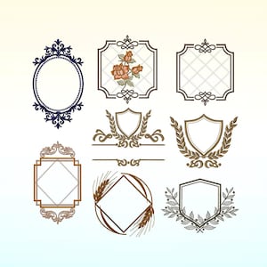 May include: Set of nine decorative frames in various styles. The frames are in gold, brown, and blue colors. Some frames feature floral designs, while others have geometric patterns. The frames are perfect for adding a touch of elegance to any project.
