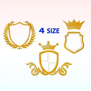 Könnte beinhalten: Vier goldene Stickmuster mit einem Schild mit einer Krone, einem Schild mit einem Kreuz, einem Schild mit einem Lorbeerkranz und einem Schild mit einer Krone und einem Lorbeerkranz. Der Text "4 SIZE" ist ebenfalls im Bild enthalten.