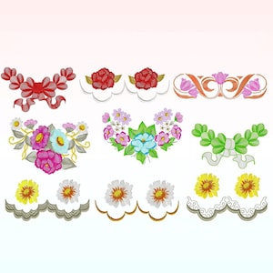 Peut inclure: Une collection de neuf motifs de broderie machine représentant diverses fleurs, notamment des roses rouges, des fleurs roses et bleues, des marguerites jaunes et du feuillage vert, disposés en rangées avec des bordures festonnées.