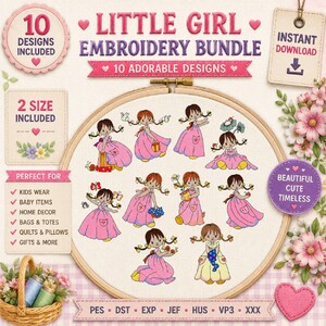 Può includere: Un pacchetto di ricami digitali con 10 illustrazioni di bambine con capelli castani in abiti rosa, visualizzate all'interno di un telaio in legno. Il testo include Little Girl Embroidery Bundle, 10 Designs Included e i formati PES, DST, EXP, JEF, HUS, VP3, XXX.