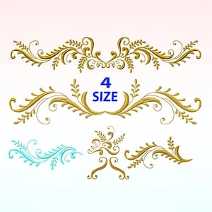 Peut inclure: Quatre volutes décoratives dorées avec un texte bleu superposé qui lit "4 SIZE".